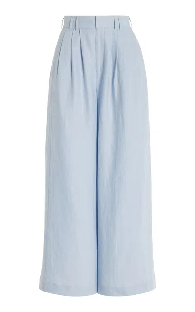 Posse Parker Pleated Linen Wide-leg Pants In Silver Blue