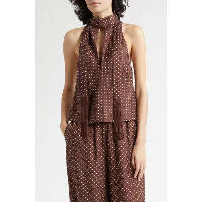 Posse Phoebe Polka Dot Keyhole Halter Neck Top In Brown