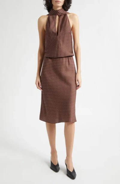 Posse Phoebe Polka Dot Open Back Halter Neck Shift Dress In Brown