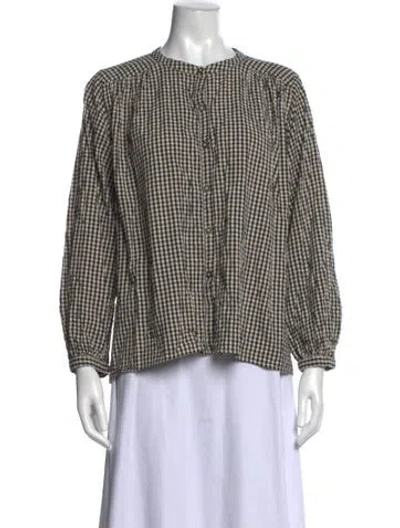 Pre-owned Posse Plaid Print Long Sleeve Blouse In Brown