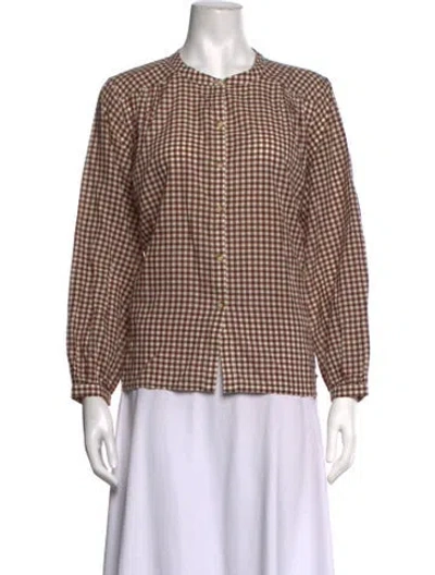 Pre-owned Posse Plaid Print Long Sleeve Blouse In Brown