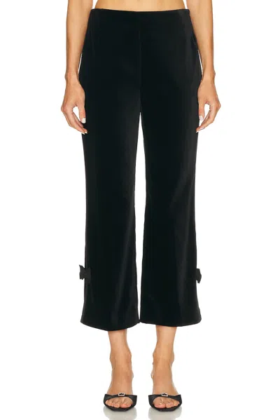 Posse Quincy Cropped Bow-detailed Satin-trimmed Cotton-velvet Slim-leg Pants In Black