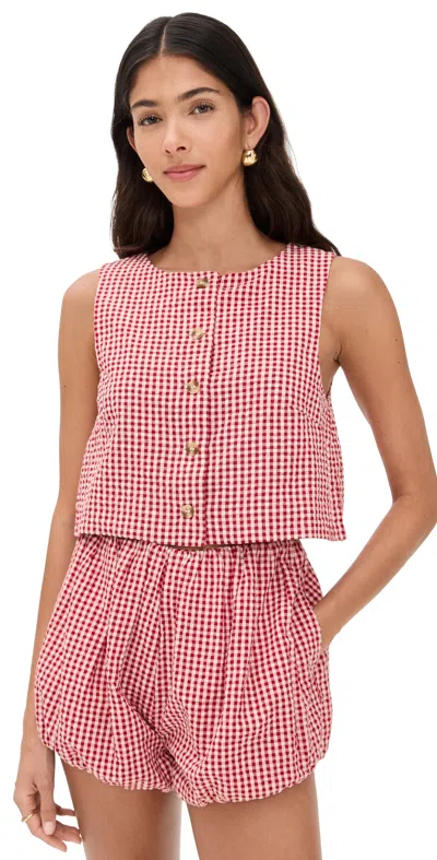 Posse Rio Cropped Gingham Linen-seersucker Top In Red