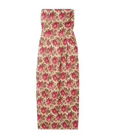 Posse Rosalie Strapless Pintucked Floral-print Linen Midi Dress In Gold