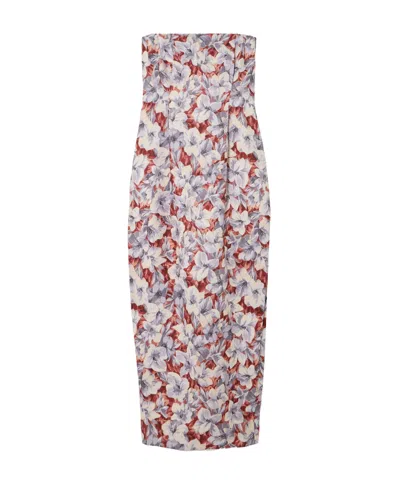 Posse Rosalie Strapless Pleated Floral-print Linen Midi Dress In Multi
