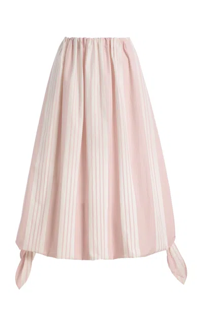Posse Rose Tie-detailed Striped Cotton Midi Skirt In Pink