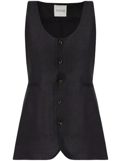 Posse Ruben Linen Single-breasted Vest In Black