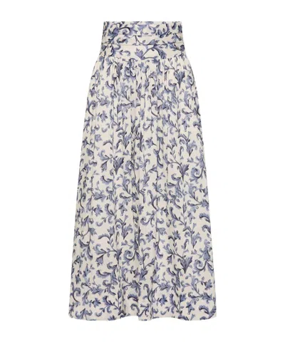 Posse Rue Pleated Printed Linen And Silk-blend Midi Skirt In Neutral