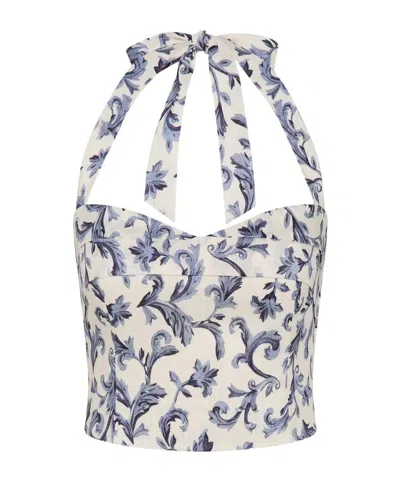 Posse Rue Halterneck Baroque-print Top In Blue