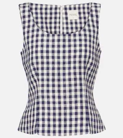 Posse Sadie Gingham Linen Top In Blue