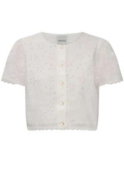 Posse Salma Floral-embroidered Crop Top In Neutral