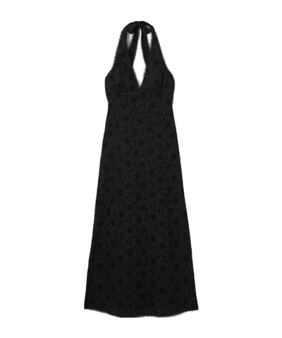 Posse Salma Broderie Anglaise Cotton Halterneck Midi Dress In Black