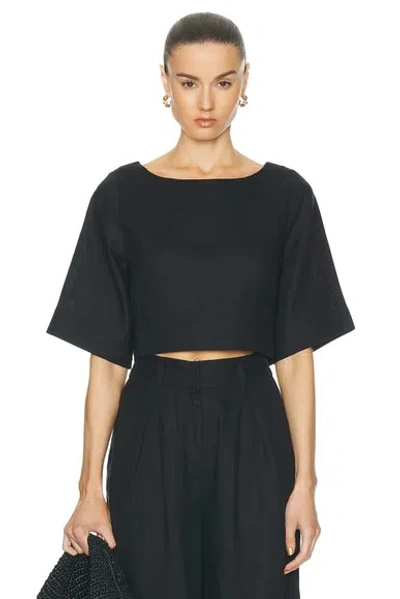 Posse Shay Boat-neck Relaxed Linen Crop Top In Black