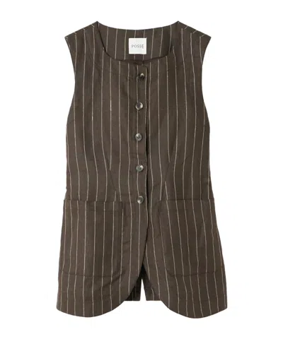 Posse Emma Pinstriped Linen-twill Vest In Brown