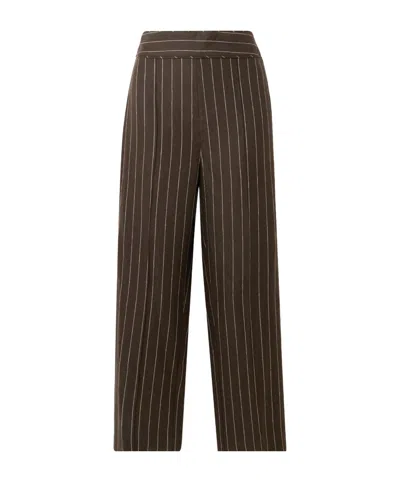 Posse Thea Pleated Pinstriped Linen-twill Straight-leg Pants In Brown