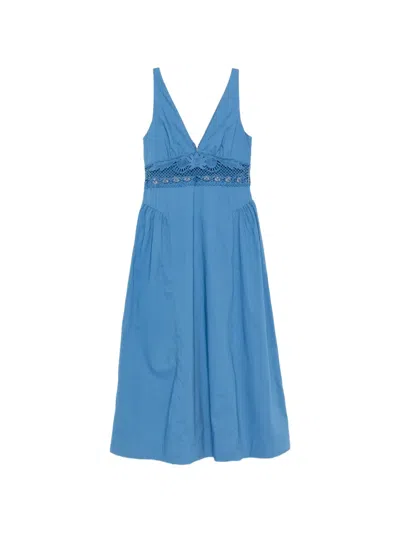 Posse Veda Broderie Anglaise Organic Cotton Poplin Midi Dress In Blue