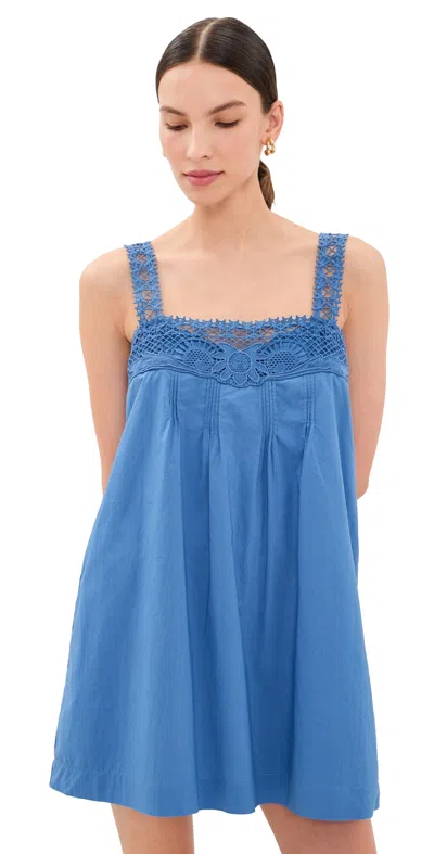 Posse Veda Broderie Anglaise Organic Cotton Poplin Mini Dress In Blue