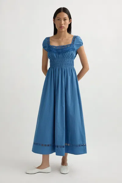 Posse Veda Lace Detail Cotton Midi Sundress In Blue