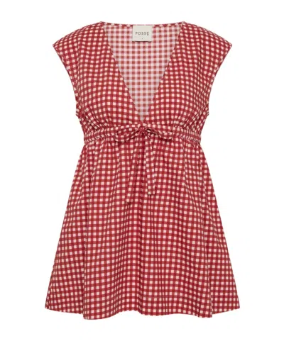 Posse Lindie Bow-detailed Checked Cotton-poplin Top In Multi