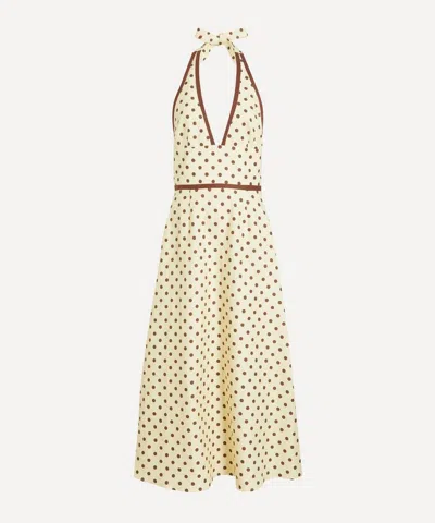 Posse Bowie Polka-dot Linen And Cotton-blend Halterneck Midi Dress In Yellow