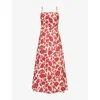 POSSE WOMENS DEEP RED OAT LORI FLORAL-PRINT LINEN MIDI DRESS