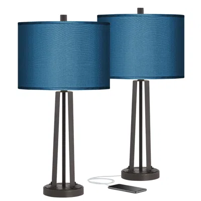 Possini Euro Design Possini Blue Faux Silk And Dark Bronze Usb Table Lamps Set Of 2