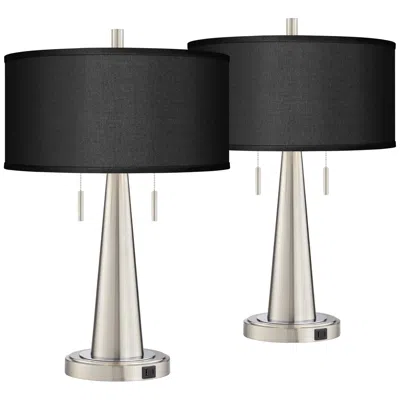 Possini Euro Design Possini Euro 23" Black Faux Silk Modern Usb Table Lamps Set Of 2