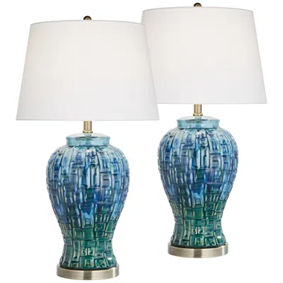 Possini Euro Design Possini Euro Matsu 27" Teal Temple Jar Ceramic Table Lamp Set Of 2