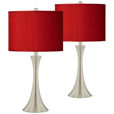 Possini Euro Design Possini Euro Red Faux Silk Brushed Nickel Touch Table Lamps Set Of 2