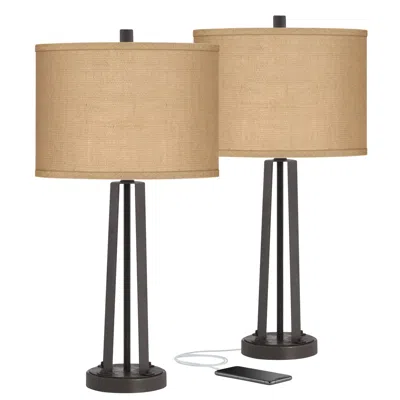 Possini Euro Design Possini Euro Woven Burlap Susan Dark Bronze Usb Table Lamps Set Of 2