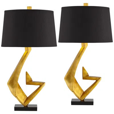 Possini Euro Design Possini Euro Zeus Gold Leaf Modern Table Lamps With Black Shades Set Of 2