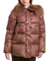 Post Card Down Puffer Fur-trim Coat In Multi
