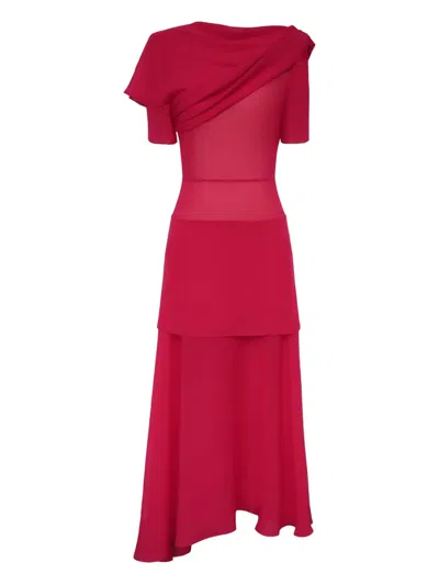 Post Meridiem Asymmetrical Draped Midi Dress In Pink