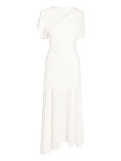 Post Meridiem Asymmetrical Draped Midi Dress In White