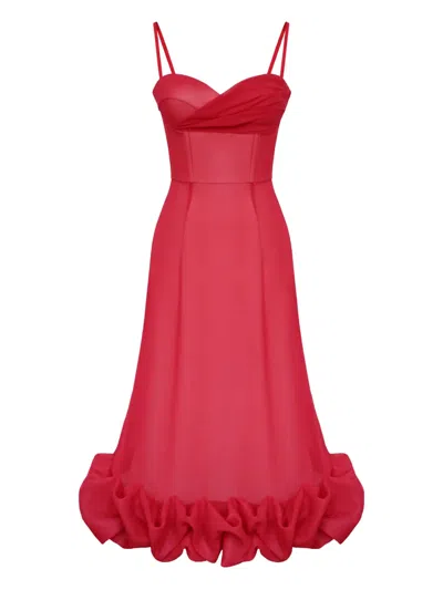 Post Meridiem Draped-bodice Flounced-hem Midi Dress In Red