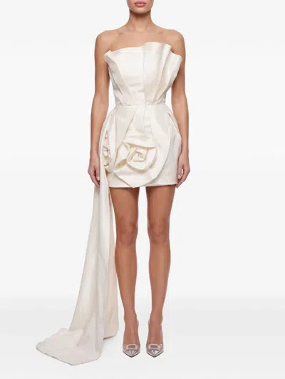 Post Meridiem Draped Floral-appliqué Mini Dress In White