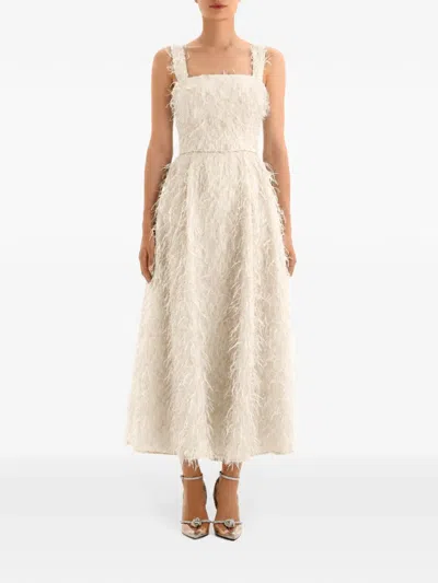 Post Meridiem Feather-trim Flared Midi Dress In Gold