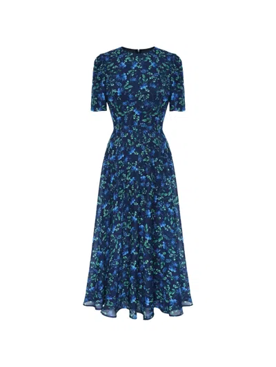 Post Meridiem Floral-print Short-sleeve Midi Dress In Blue