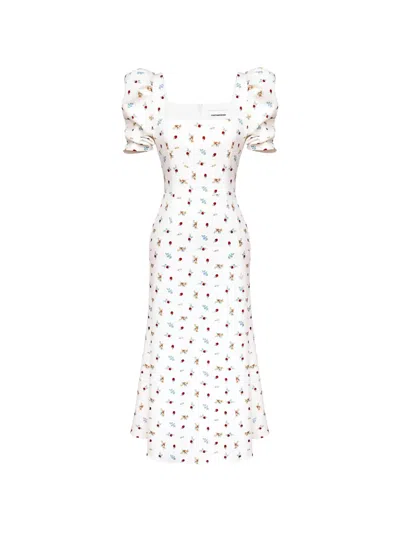 Post Meridiem Floral-print Puff-sleeve Midi Dress In White