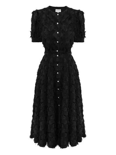 Post Meridiem Fringe Puff-sleeve Midi Dress In Black