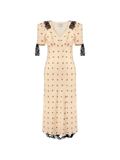 Post Meridiem Lace-trim Floral-print Midi Dress In Neutrals