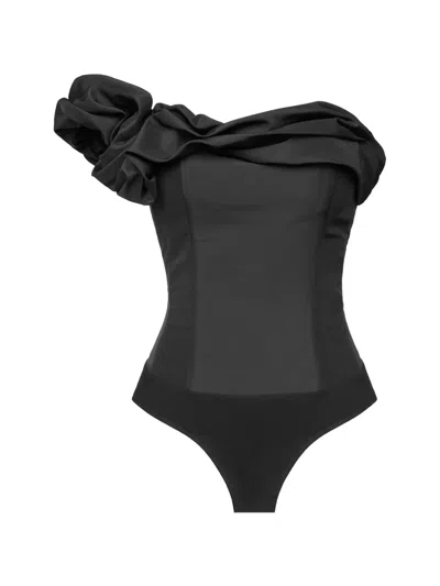 Post Meridiem One-shoulder Ruffled Bodysuit In Black