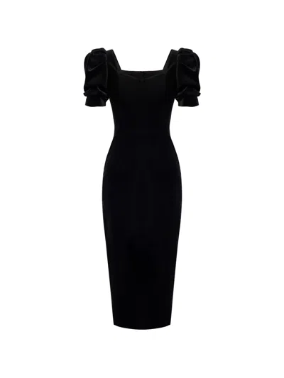 Post Meridiem Puff-sleeve Midi Dress In Black