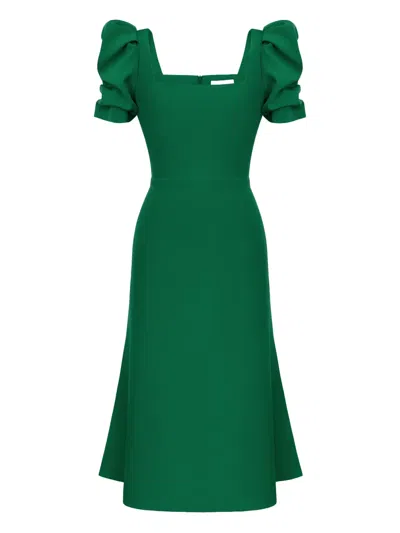 Post Meridiem Puff-sleeve Square-neck Midi Dress In Green