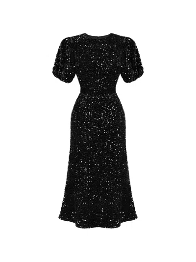Post Meridiem Sequin-embellished Puff-sleeve Midi Dress In Black