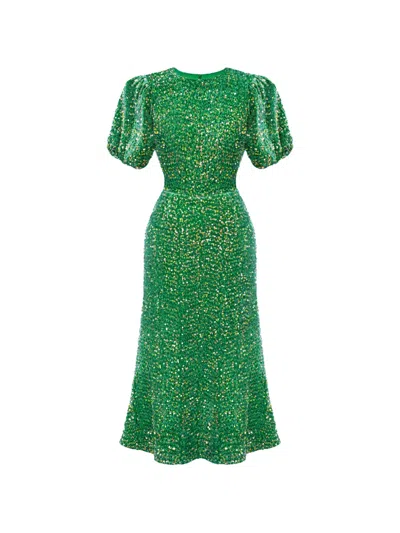 Post Meridiem Sequin-embellished Puff-sleeve Midi Dress In Green