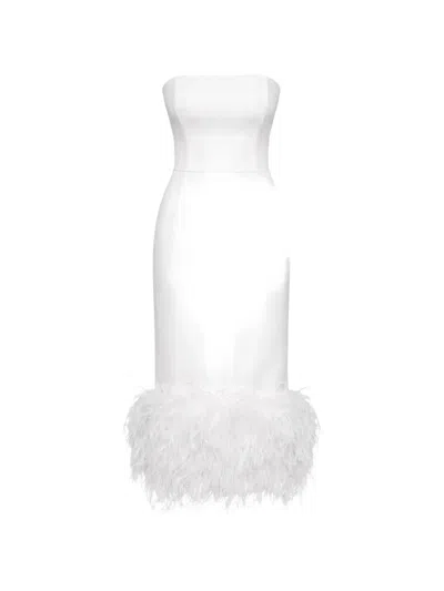 Post Meridiem Sheath Feather-trim Satin Midi Dress In White