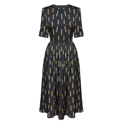 Post Meridiem Chain-print Gathered Midi Dress In Black
