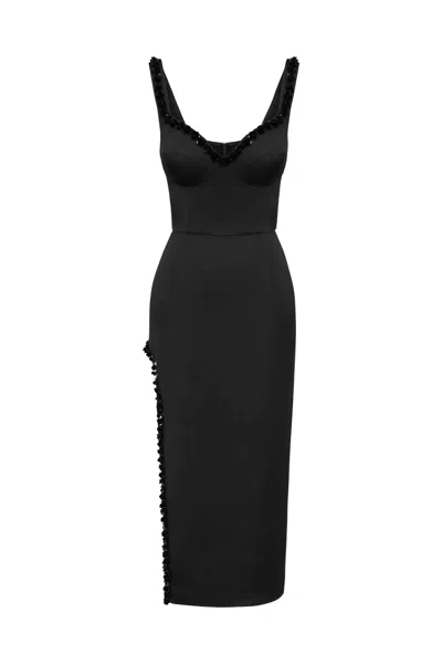 Post Meridiem Women's Black Slit V-neck Midi Dress