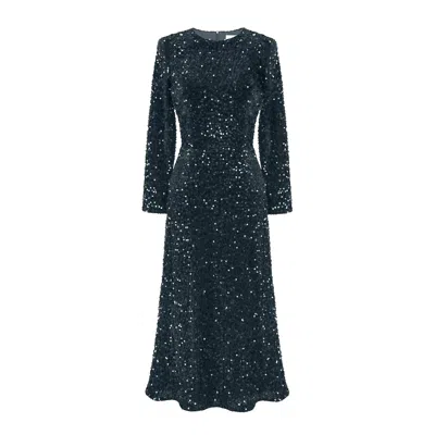 Post Meridiem Women's Blue Aquamarine Sequin Decorated Velvet Long Sleeve Midi Dress In Black